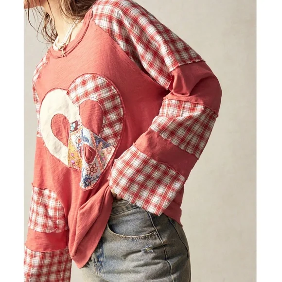 Boho Floral Print Plaid Print Heart Peach Sign Color Block Top - Picture 6 of 6